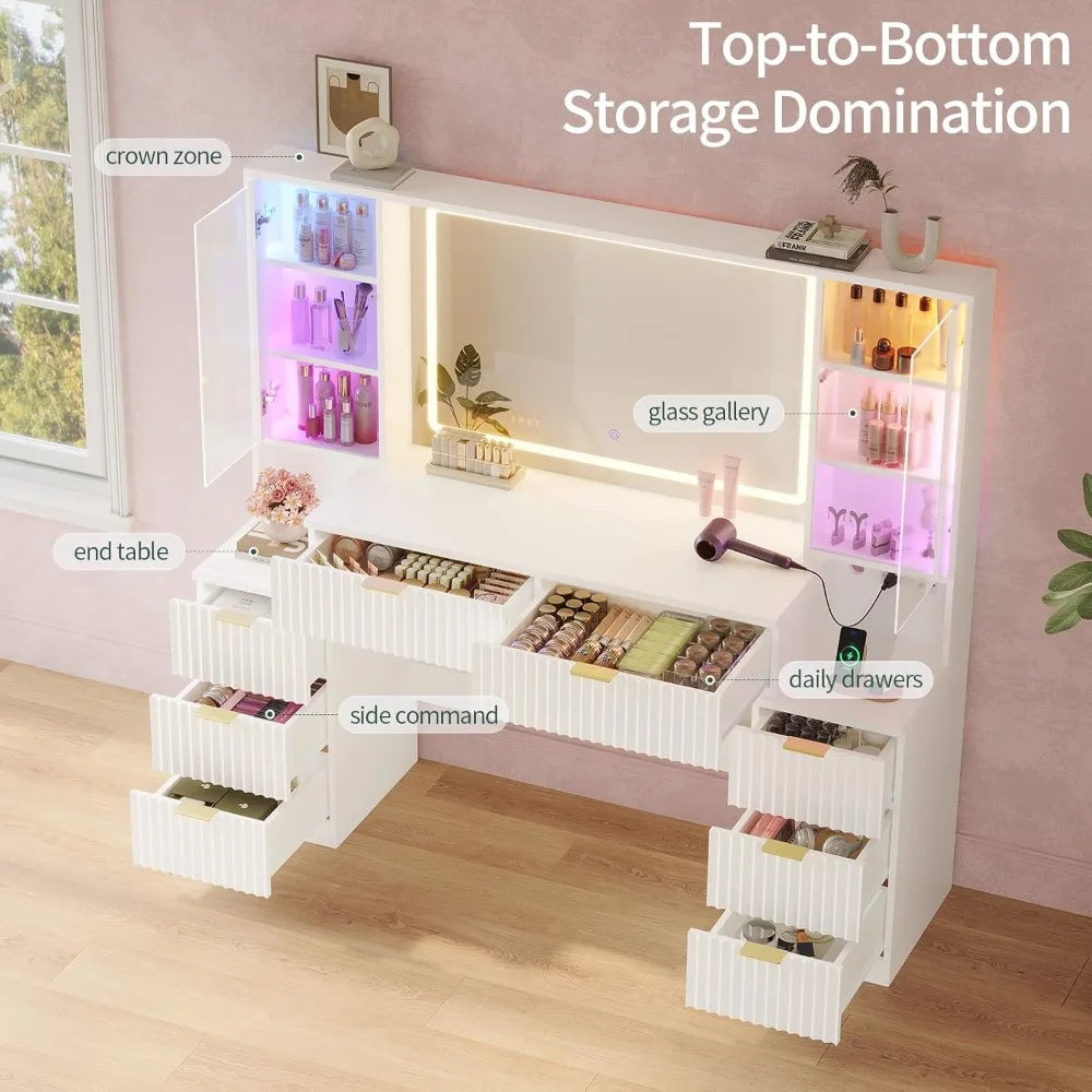 Ljustra 59 Inch Fluted Wood Makeup Vanity Desk with Mirror LED Lights