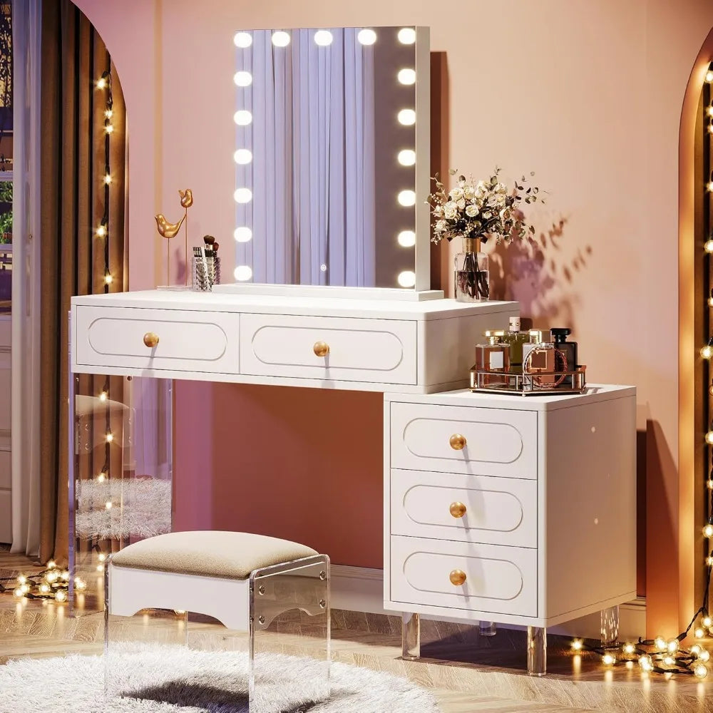 White Makeup Vanity Desk with 5 Drawers Extendable Modern Dressing Table