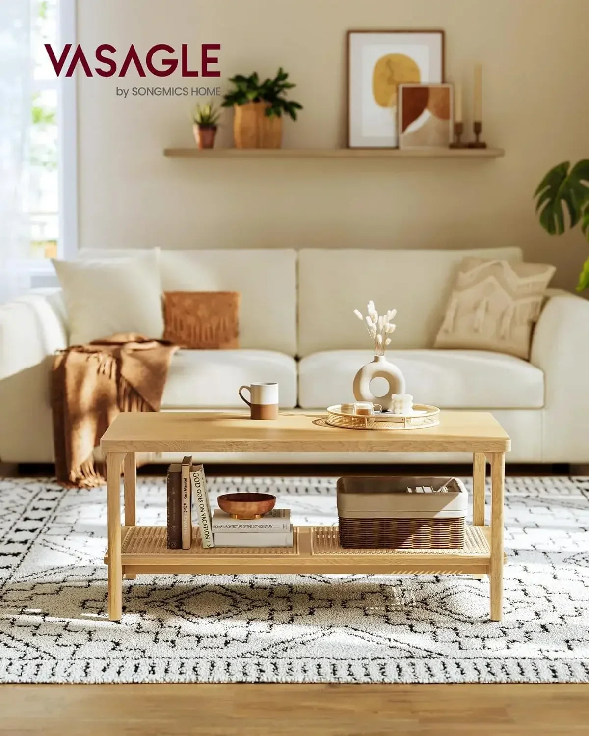 2-Tier Rounded Corners Coffee Table with PVC Rattan Shelf for Living Room