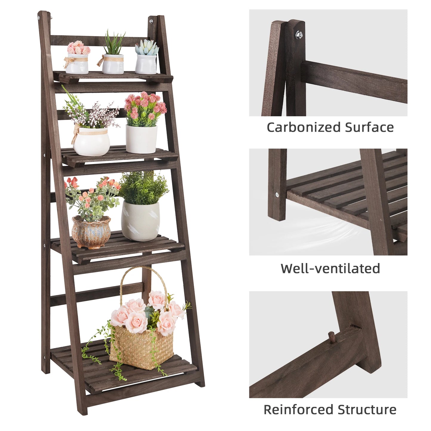 Rustic Wood Plant Stand 43" Foldable 4-Shelf Indoor Outdoor Rack