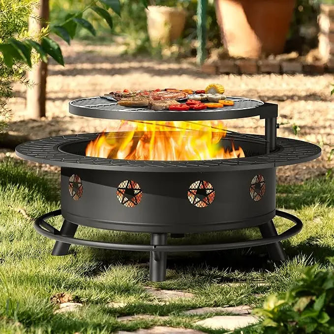 43 Inch Fire Pit BBQ Grill Outdoor Heavy Duty Wood Burning Firepit