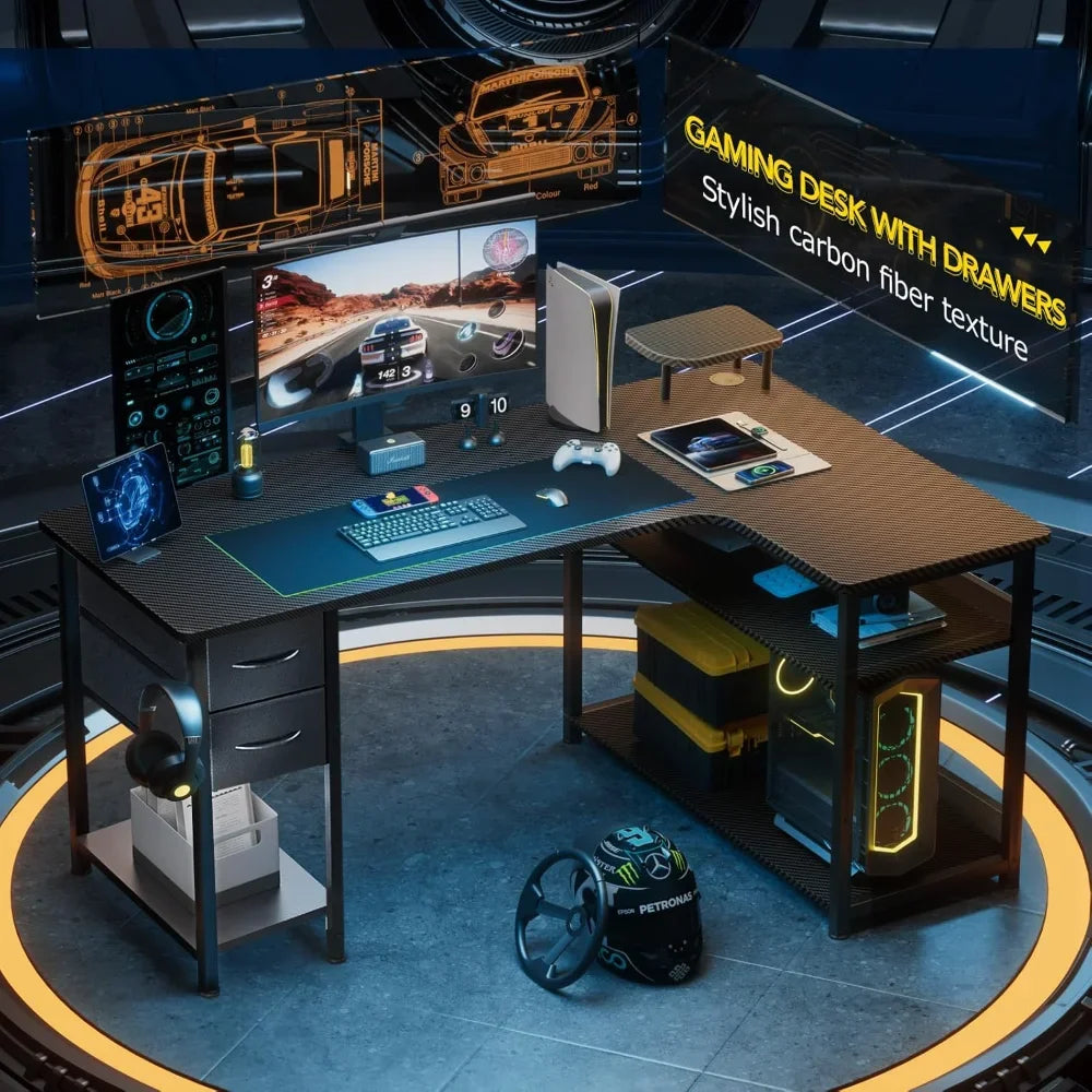 Gaming Desk L-Shaped Computer Desk with Drawers Monitor Arm Compatible