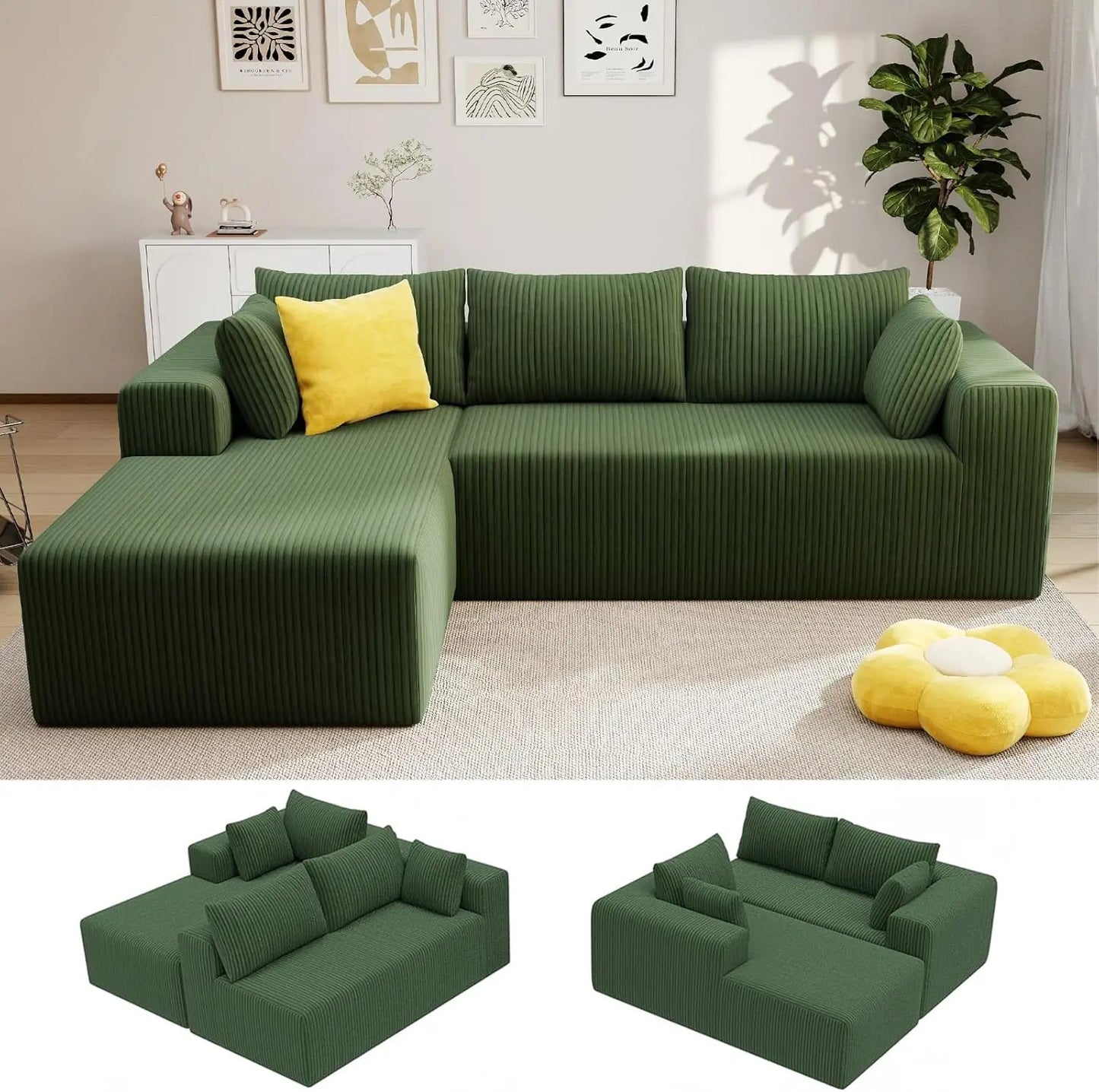 L-Shaped Cloud Sectional Sofa Modular Deep Seat No Assembly Corduroy