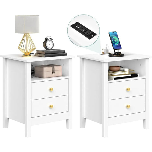 Nightstand with Charging Station Modern Bedside Table 2 Drawers USB