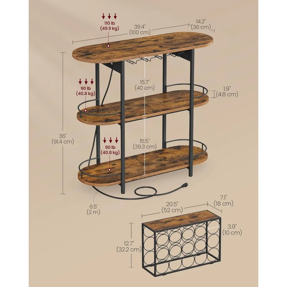 Bar Cabinet with LED Lights Power Outlets Freestanding Wine Rack