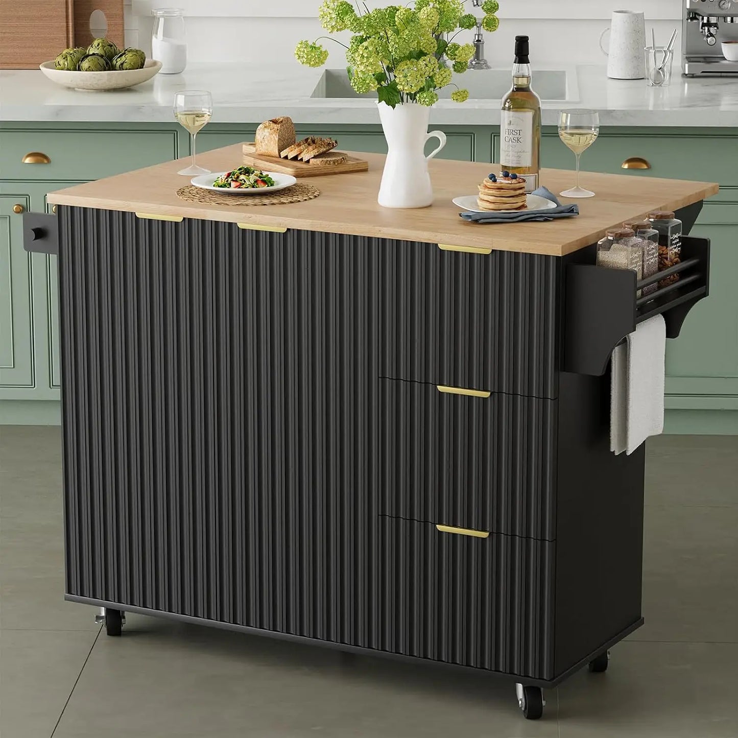 Rolling Kitchen Island with Trash Can Storage and Drop Leaf Design
