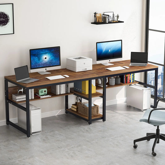 Ljustra Two Person Desk with Bookshelf Rustic Home Office Workstation