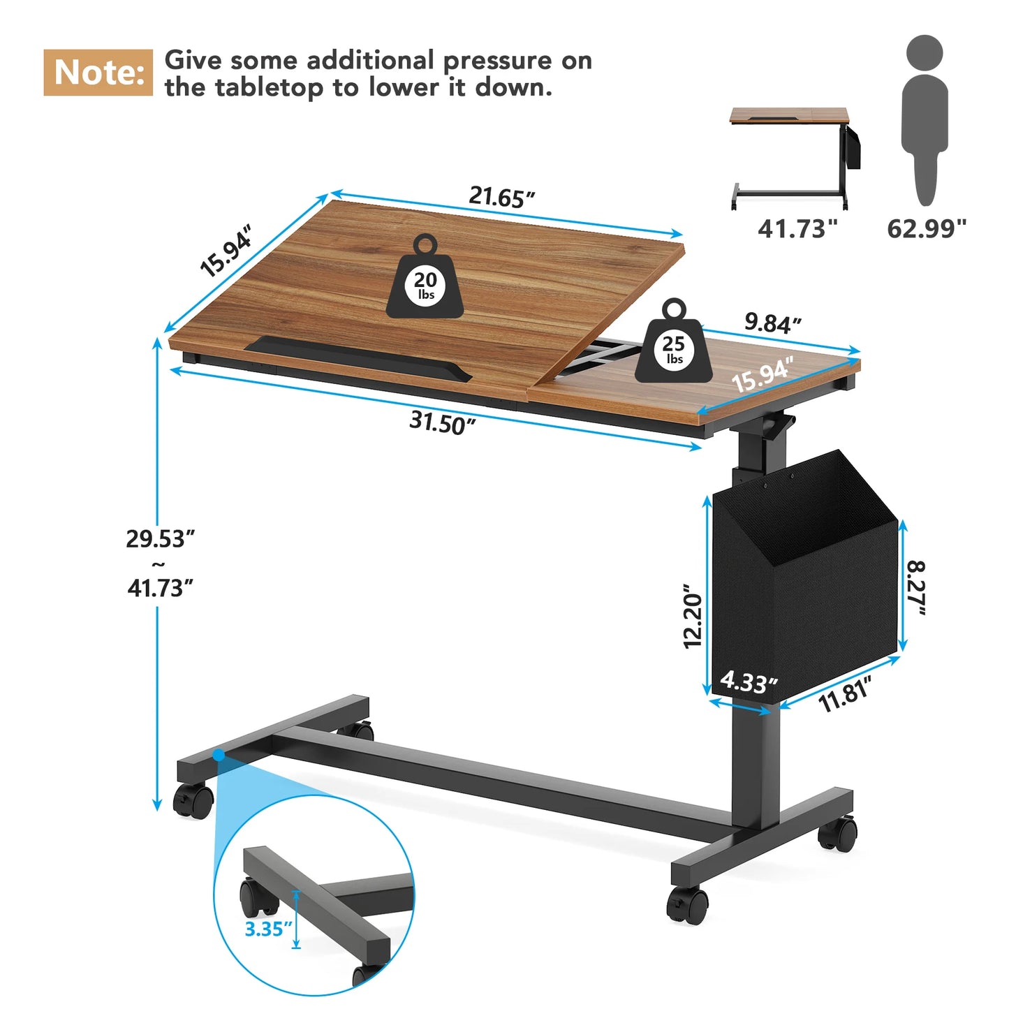 Tribesigns Height Adjustable C Shaped End Table with Wheels and Pocket