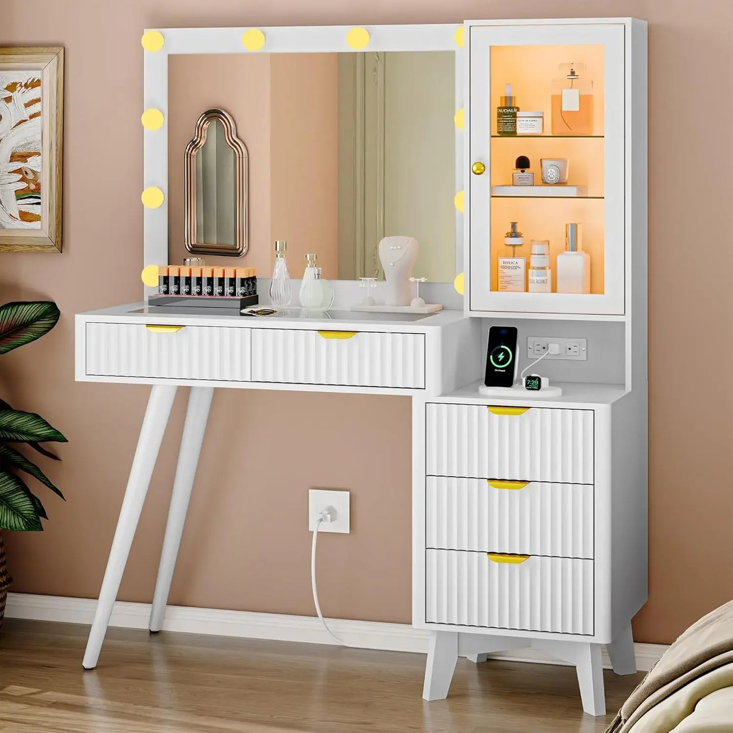 Fluted Vanity Desk with Mirror Lights 5 Drawers Power Outlet Storage