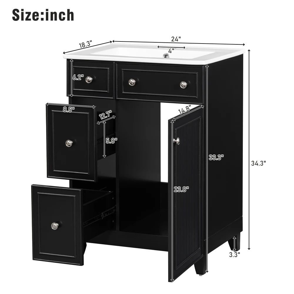 24 Inch Bathroom Vanity Cabinet Ceramic Sink 2 Drawers Storage