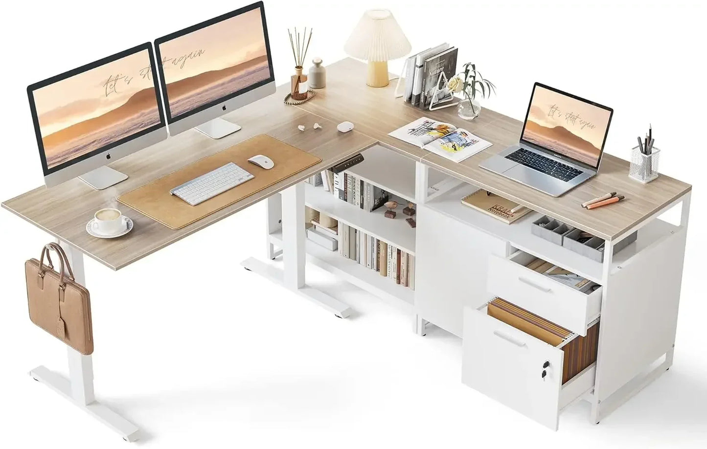 L Shaped Executive Standing Desk Electric Height Adjustable with Cabinet