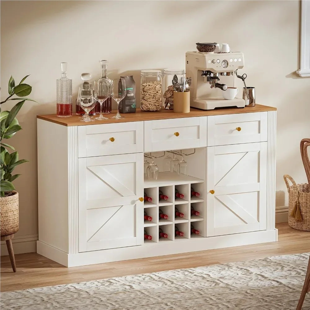 Farmhouse Wine Bar Cabinet with Wine Rack and Glass Holder 54 Inches