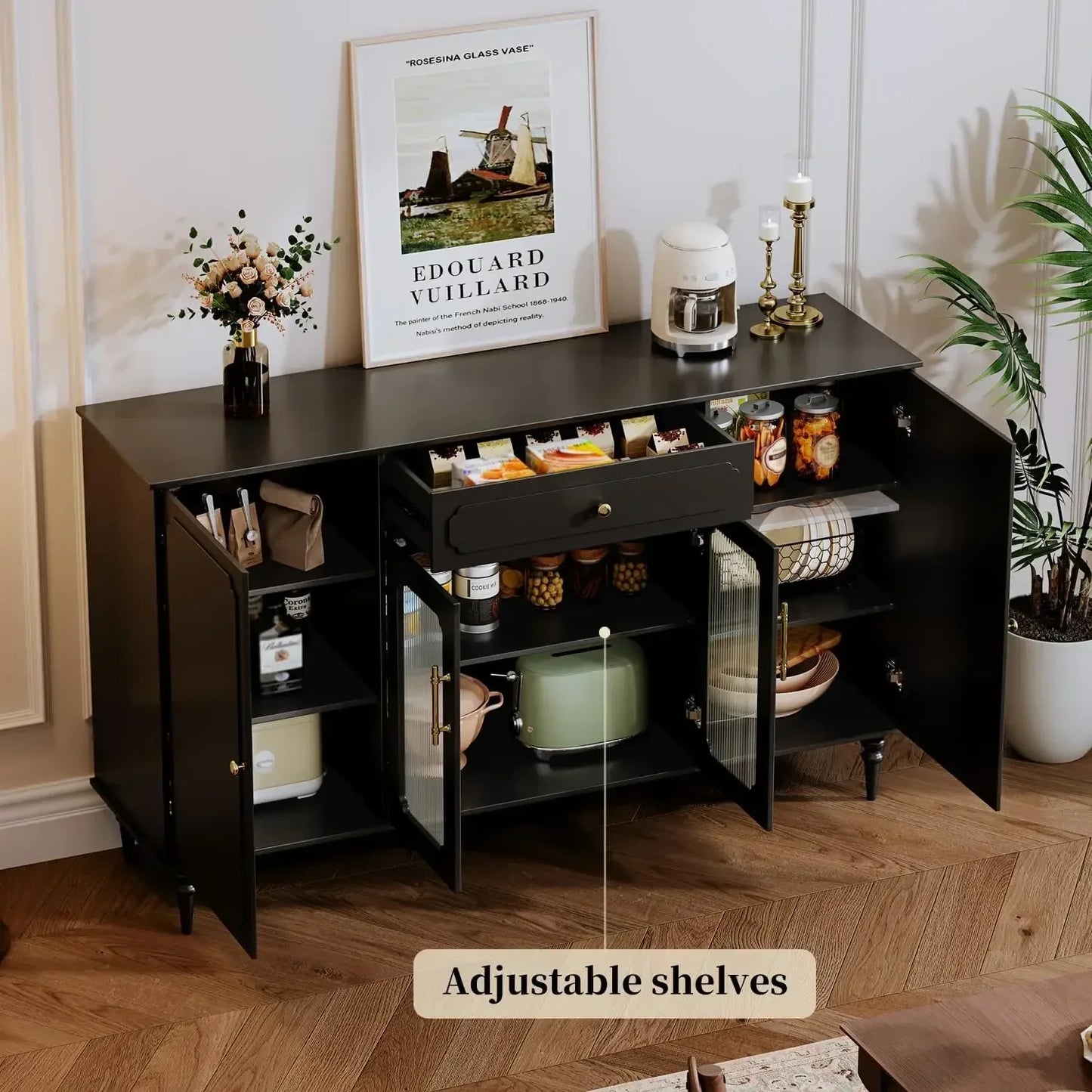 Sideboard Buffet Cabinet Coffee Bar with 4 Doors 1 Drawer Storage