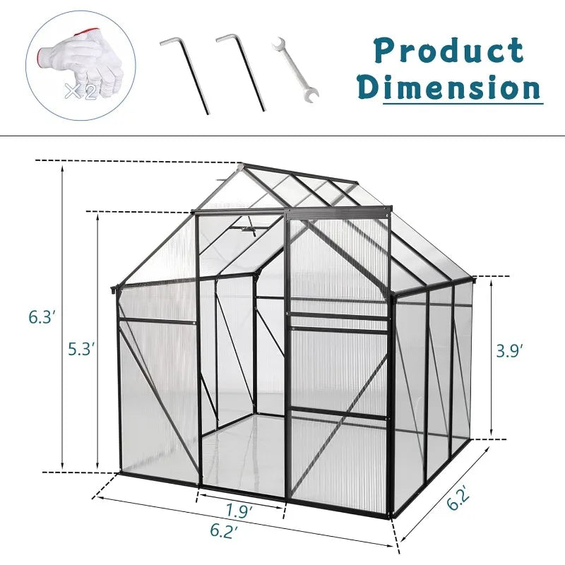 6x6 FT Polycarbonate Walk-in Greenhouse Aluminum Raised Base Adjustable Roof