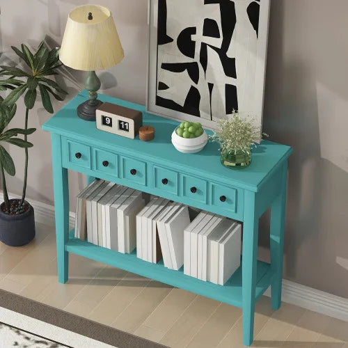 Rustic Entryway Table with 2 Drawers and Open Shelf for Living Rooms