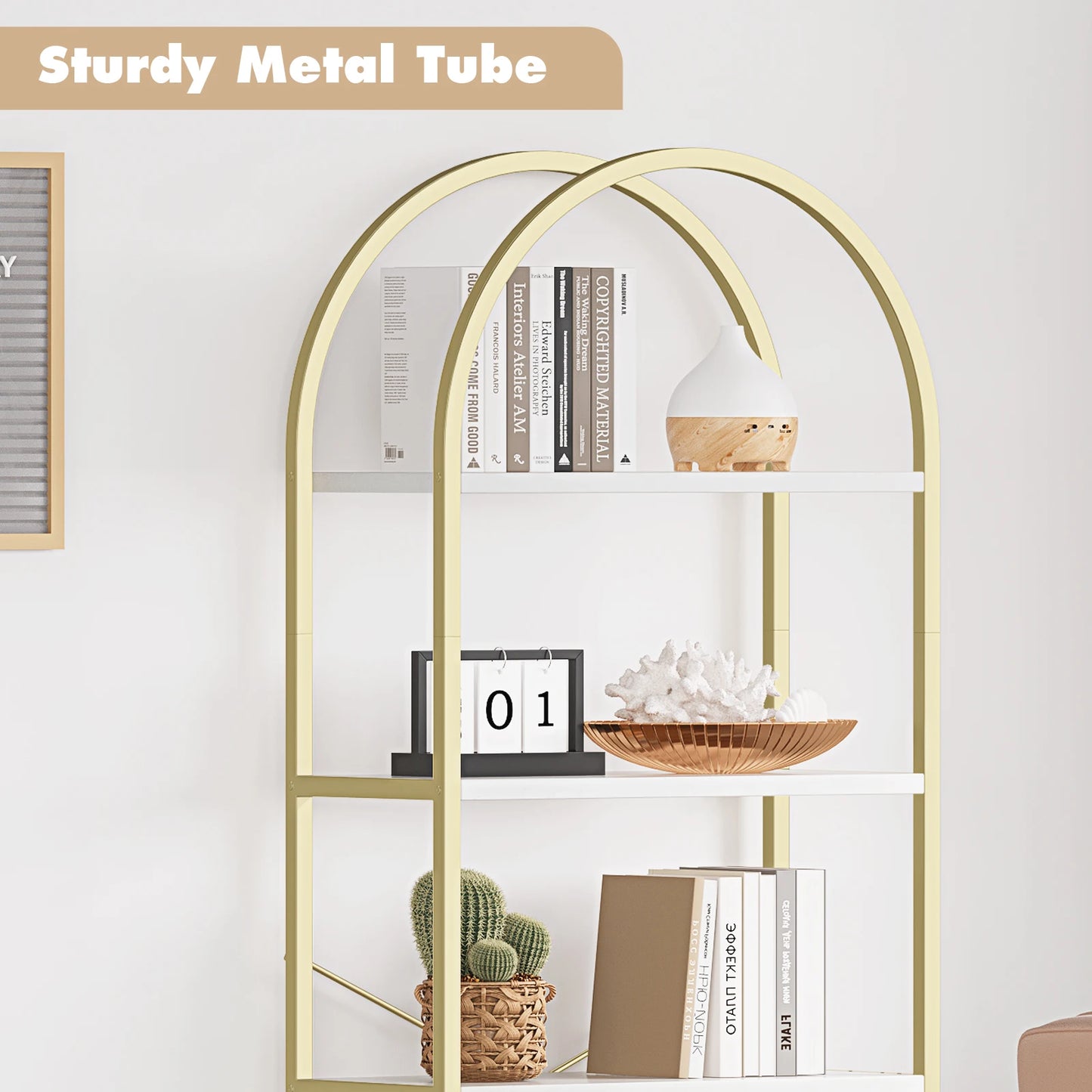 Tall 5 Tier Bookshelf Arched Display Modern Metal Frame Wooden Bookcase