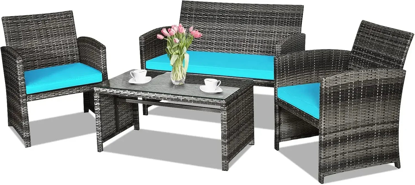 4-Piece Rattan Patio Furniture Set Outdoor Wicker Sofa Coffee Table