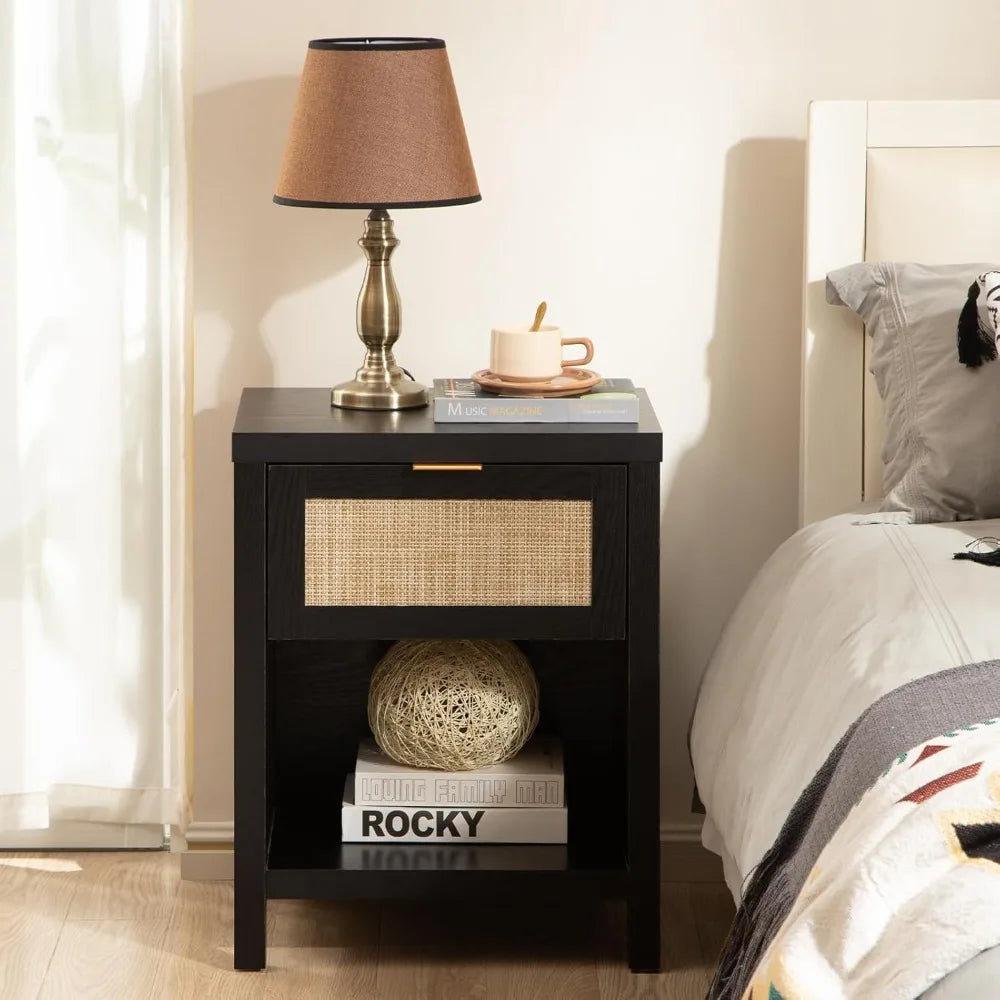 Rattan Night Stands Set of 2 Farmhouse Nightstand Bedside Table