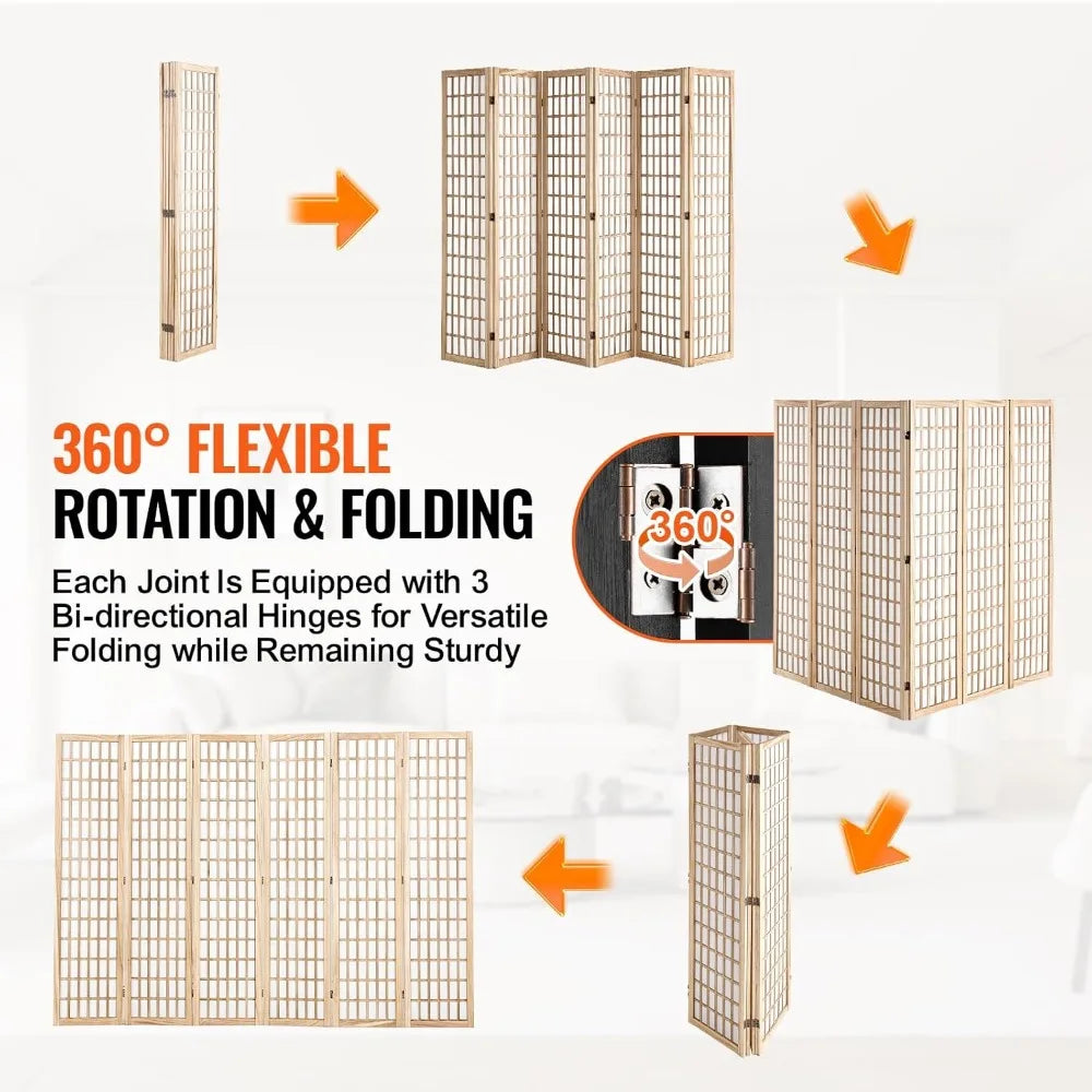 Japanese 6 Panel Wood Folding Room Divider Privacy Screen Indoor Decoration