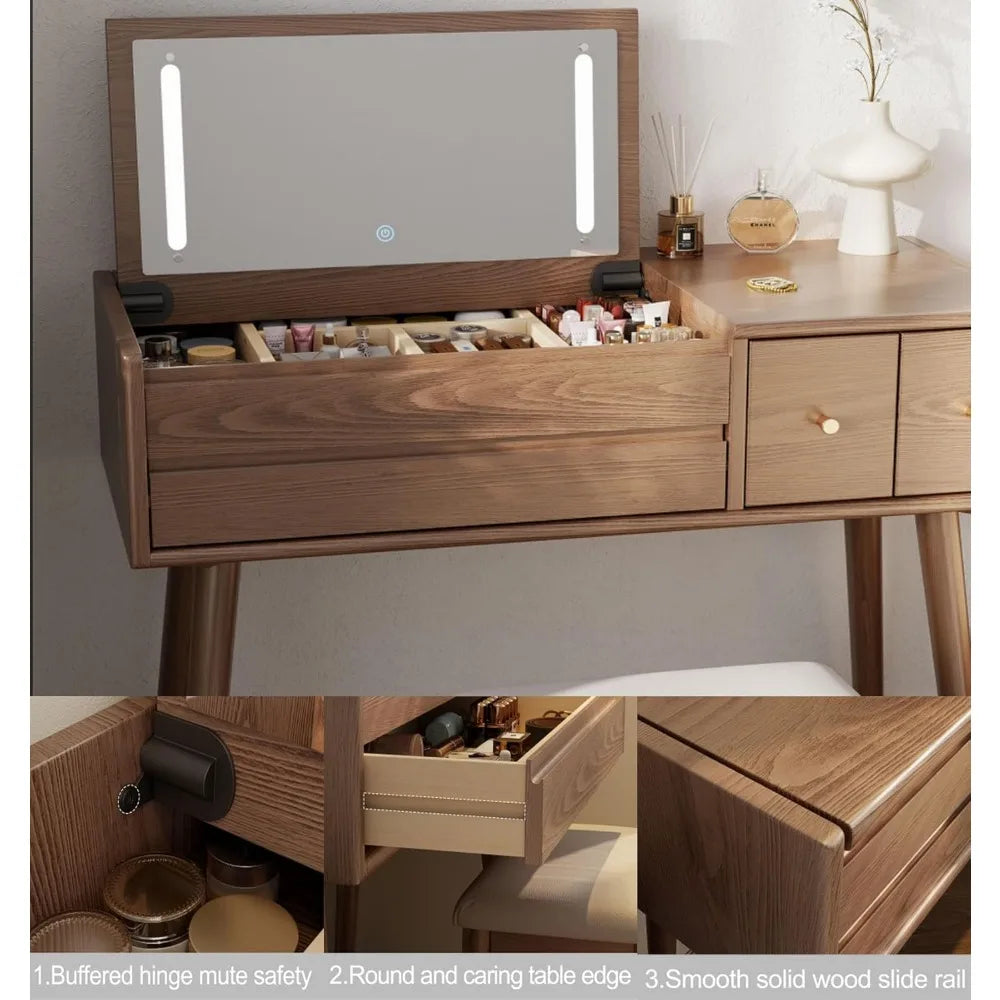 Makeup Vanity Desk with Mirror 3 Lighting Modes Solid Wood 4 Drawers