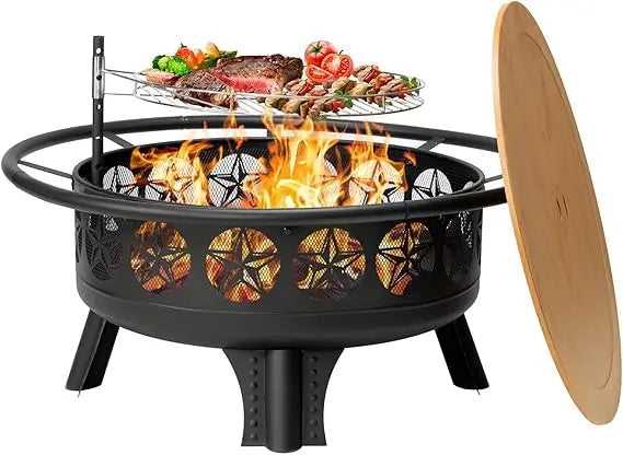 38 Inch Wood Burning Fire Pit Outdoor 3-in-1 Grill Table with Screen