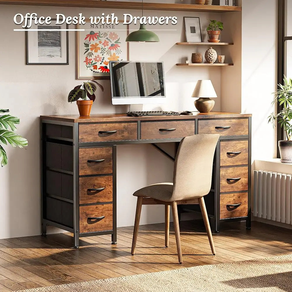 47 Inch Office Desk with Outlets and 9 Fabric Drawers for Home Office