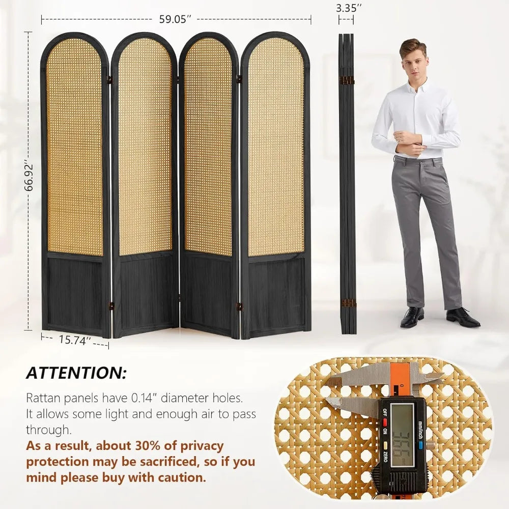 Hand-Woven Rattan Room Divider Folding Privacy Screen 5.6 Ft 4 Panels