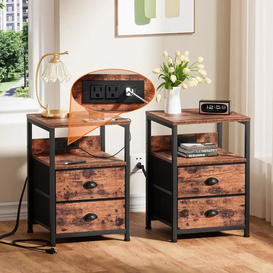 Nightstand Set of 2 with Charging Station and Drawers Rustic Style