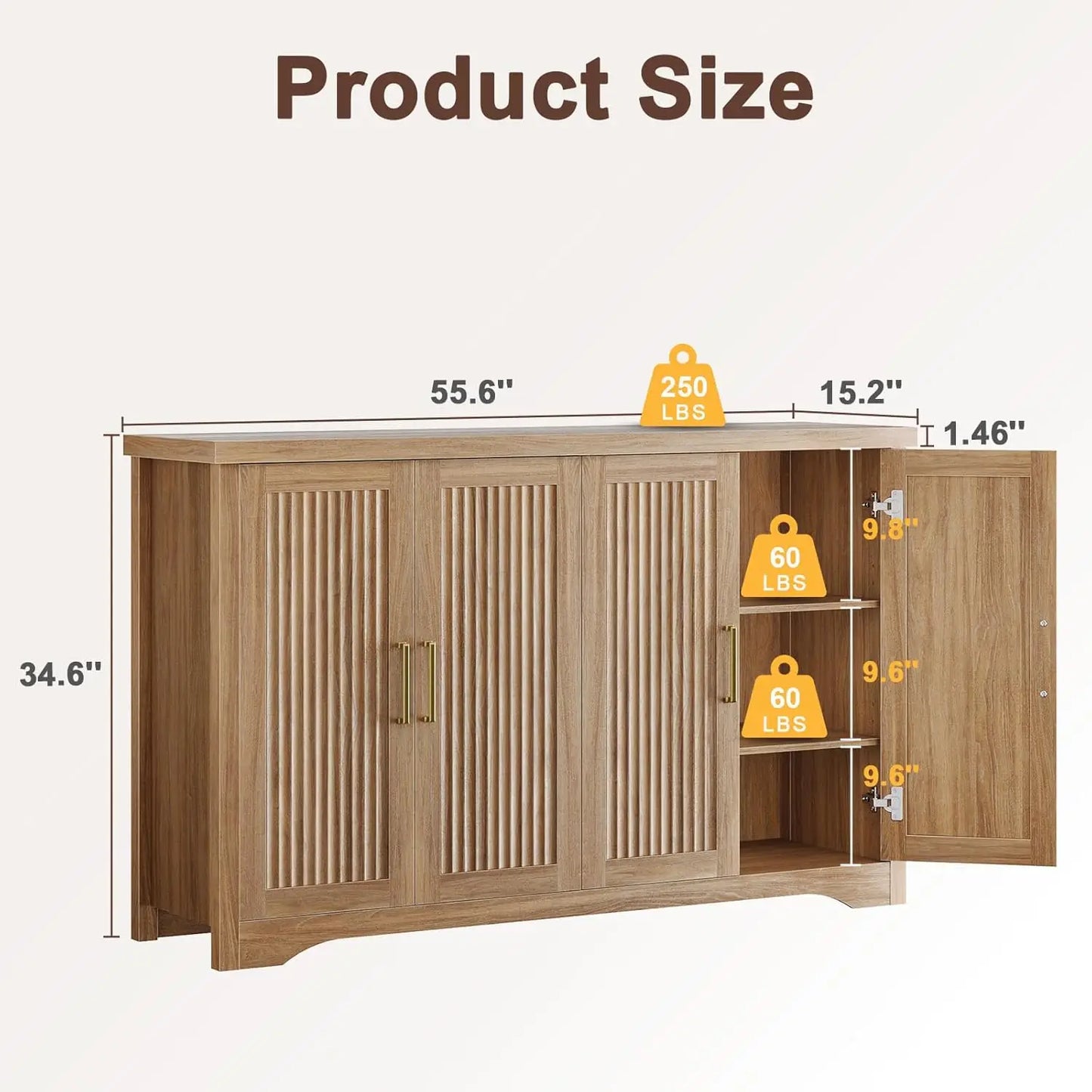 Fluted Buffet Cabinet Modern Sideboard with Storage Adjustable Shelves