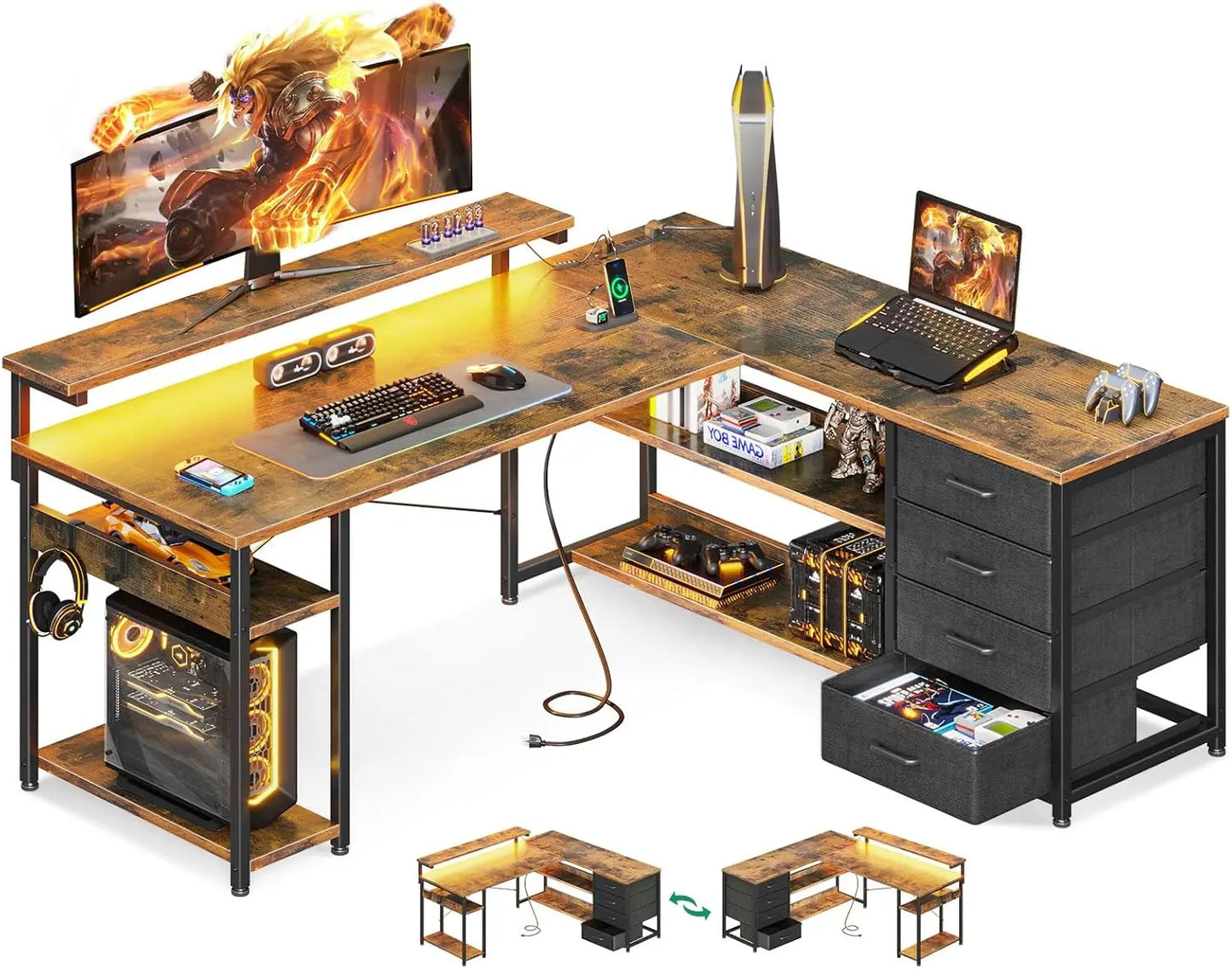 61 Inch L Shaped Desk with Drawer Power Outlets LED Lights Home Office