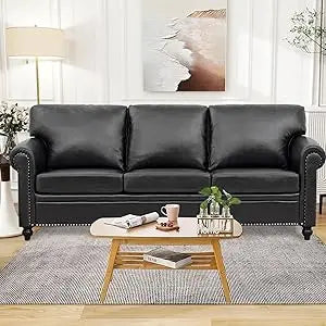 Ljustra Black Faux Leather 3-Seater Office Couch Modern Sofa