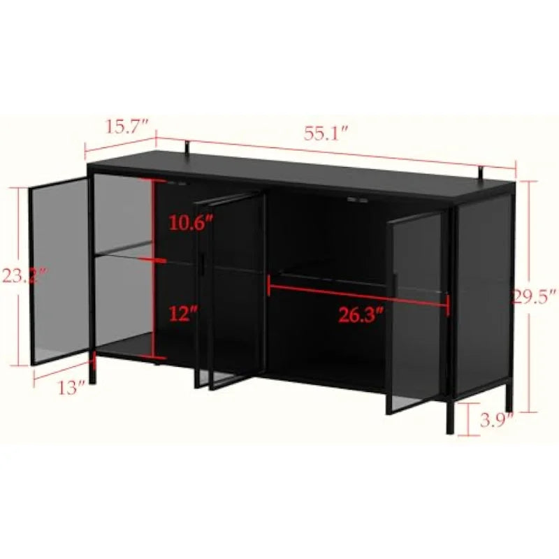 Modern Glass Shelves Sideboard Buffet Storage Cabinet with Metal Legs