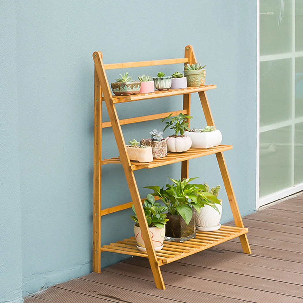 3 Tier Foldable Bamboo Plant Stand Indoor Outdoor Organizer Shelf