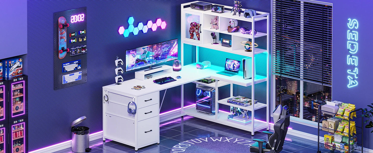 L Shaped Computer Desk with 3 Drawers and Bookshelf for Home Office