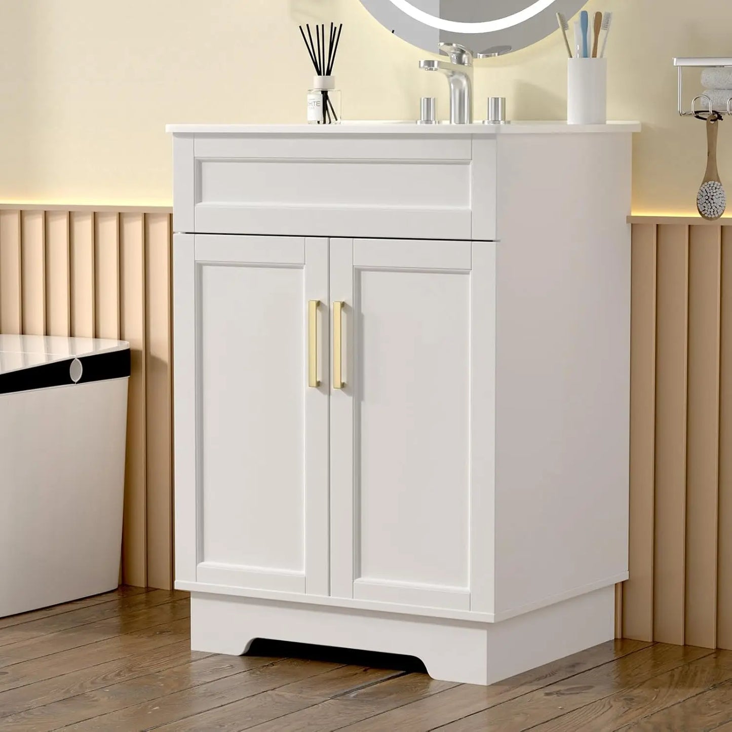 Bathroom Vanity with Ceramic Sink 24 Inches Wooden Cabinet