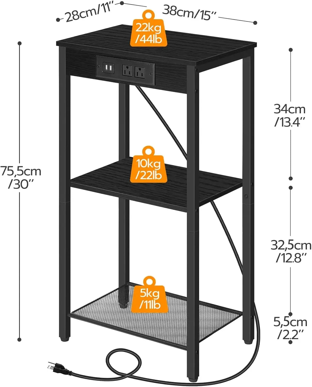 Tall End Table with Charging Station 3-Tier Nightstand Side Table