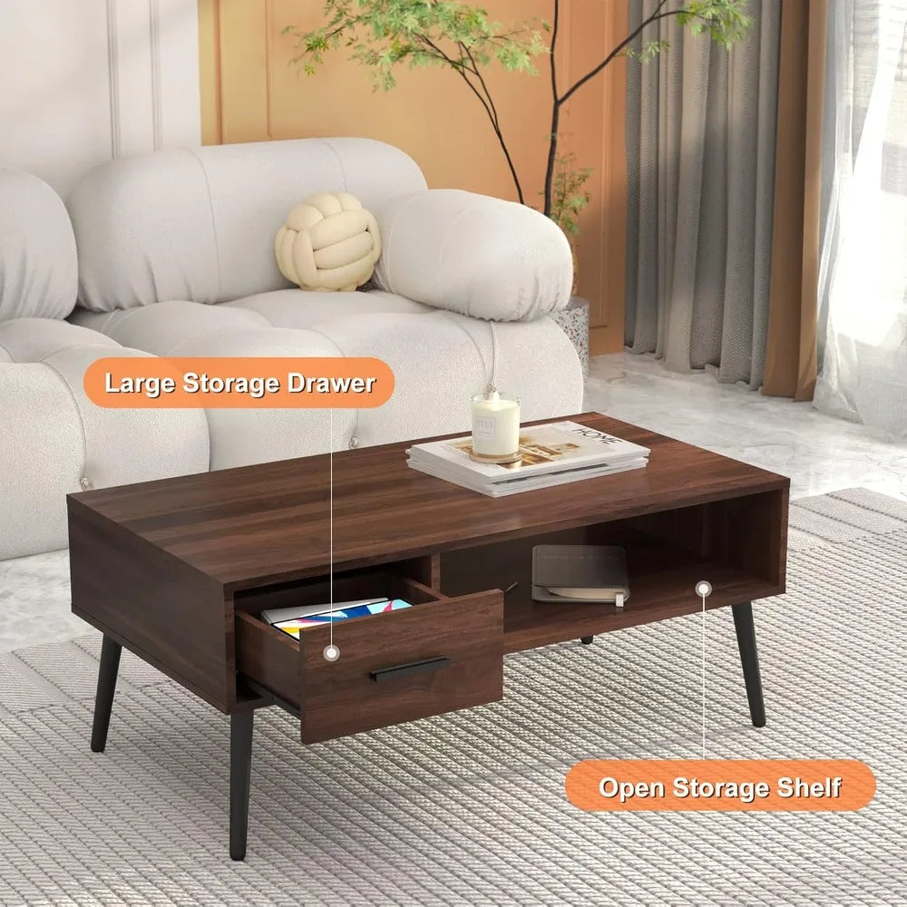 Mid Century Modern Coffee Table with Storage for Living Room