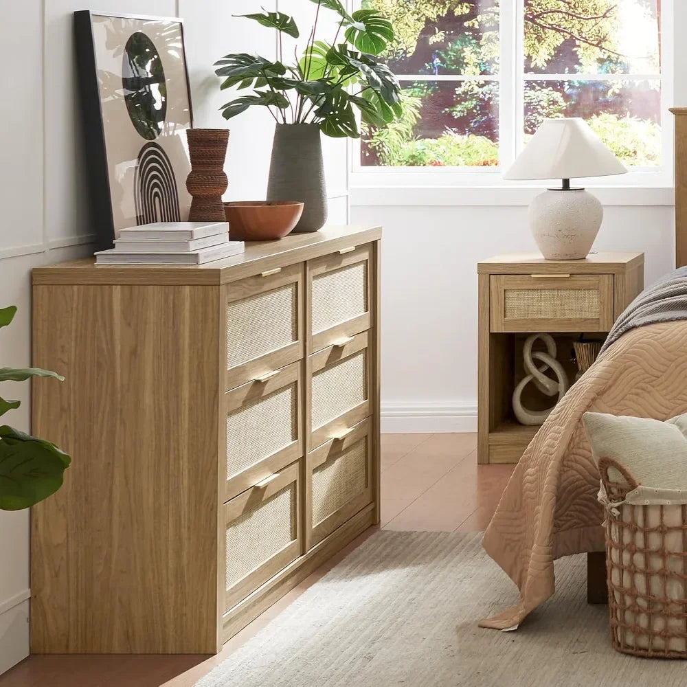 Nightstand Set of 2 Rattan Bedside Table with Charging Station