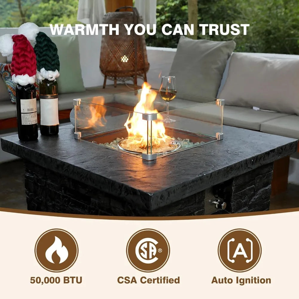 4-Piece Propane Fire Pit Table Set with Glass Wind Guard and Cover