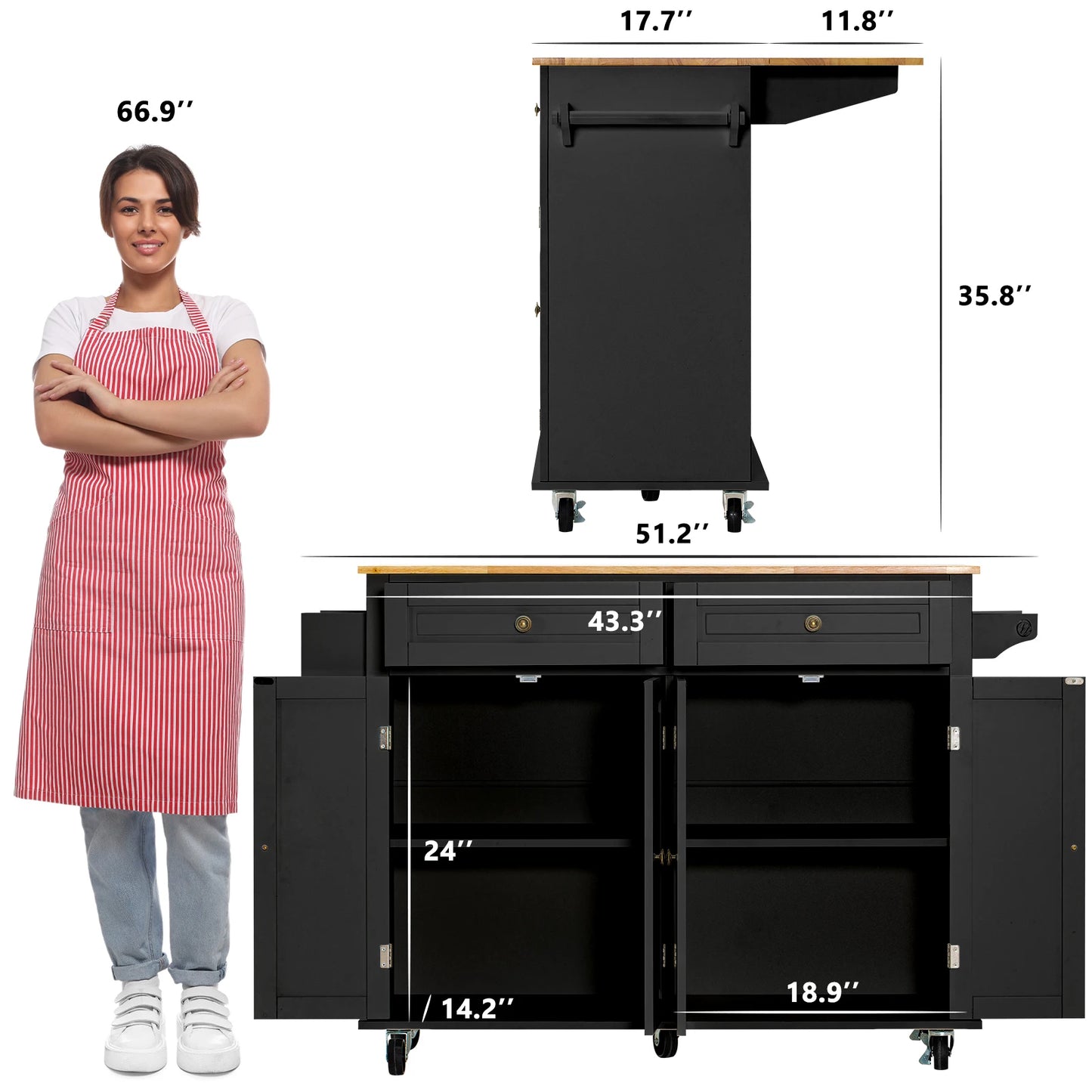 Rolling Kitchen Island on Wheels with Drop Leaf Storage Cabinet