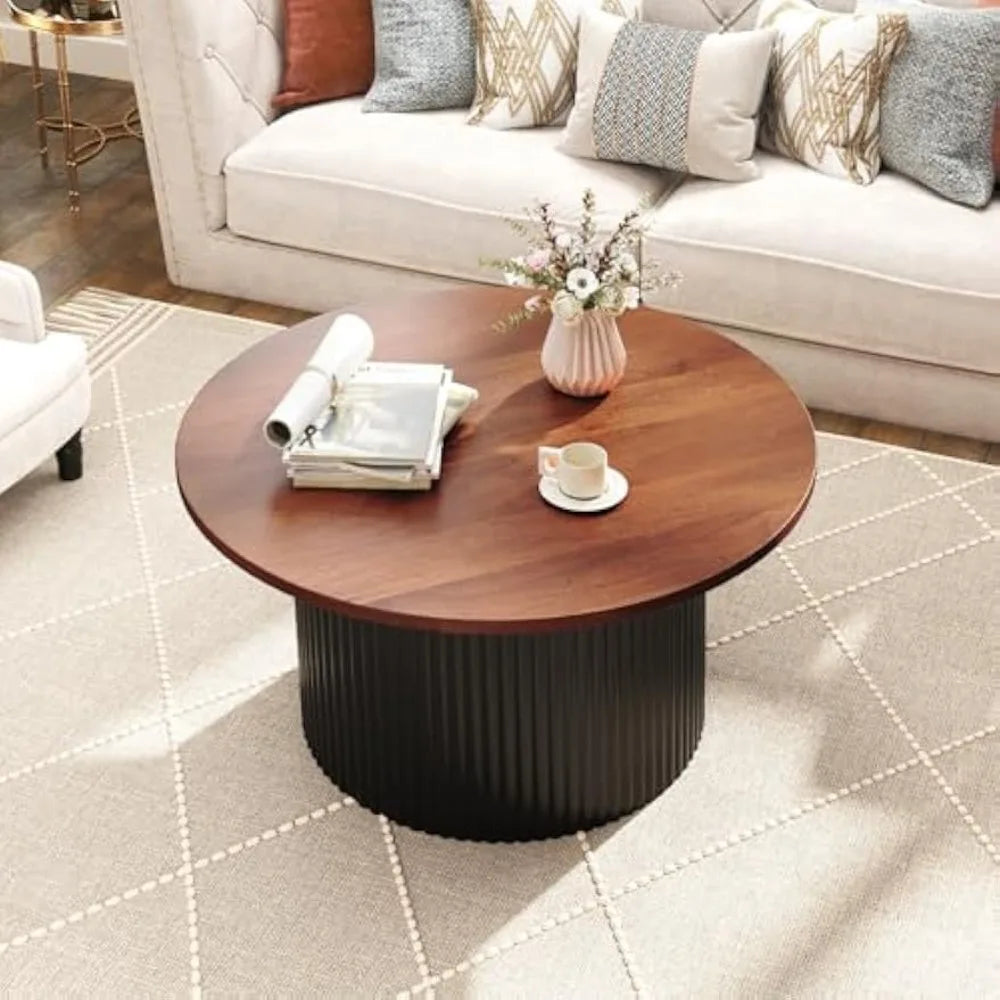 Round Coffee Table Mid Century Modern Wooden Accent Cocktail Table 32"