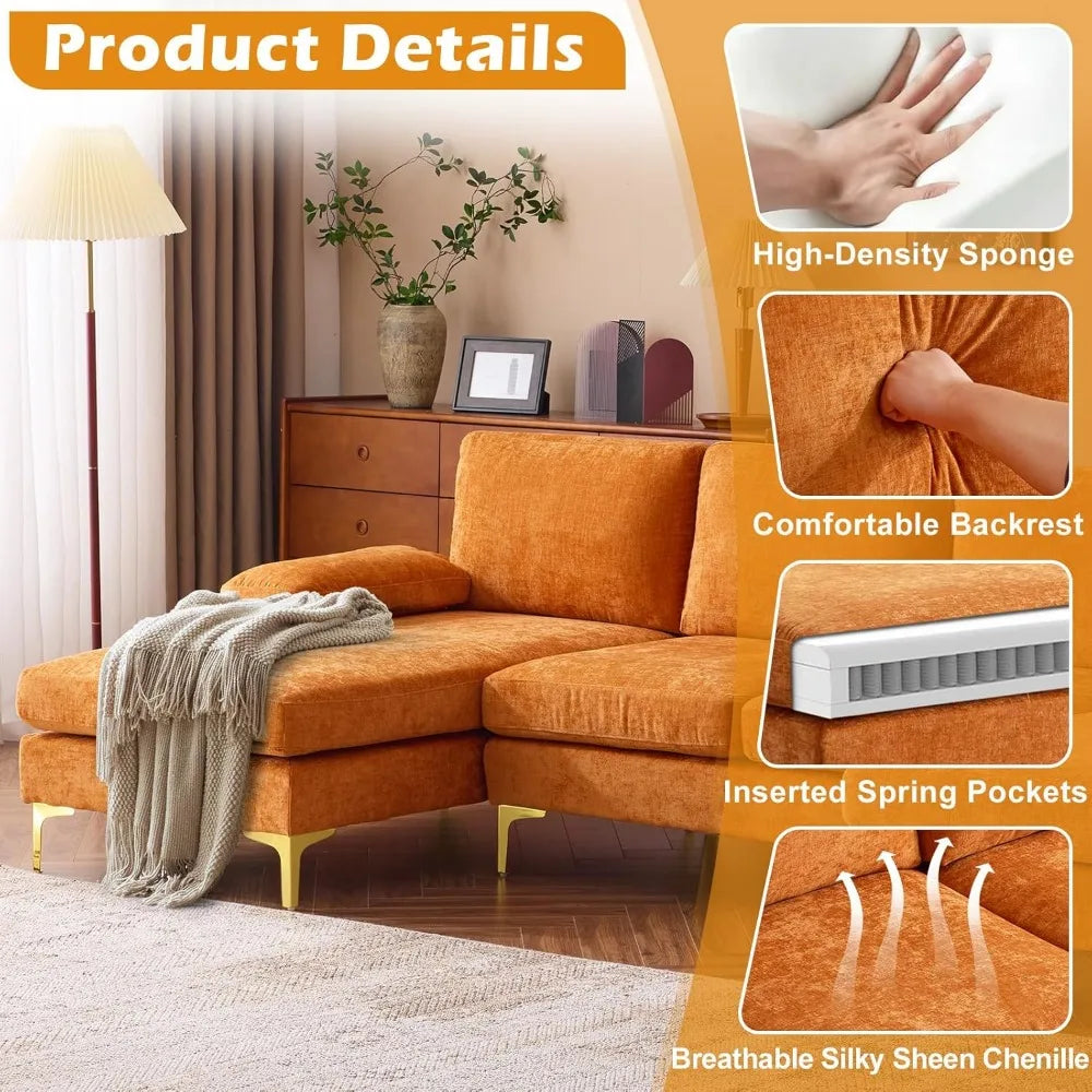 Ljustra Modern U-Shape Couch, 4-Seat Chenille Sectional Sofa, Burnt Orange, 110"
