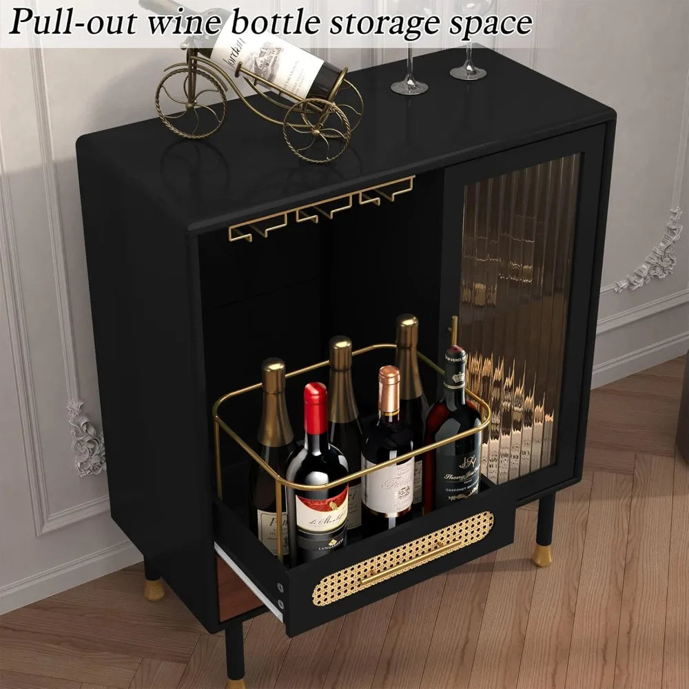 Modern Coffee Bar Cabinet with Wine Glass Rack and Pull-Out Storage