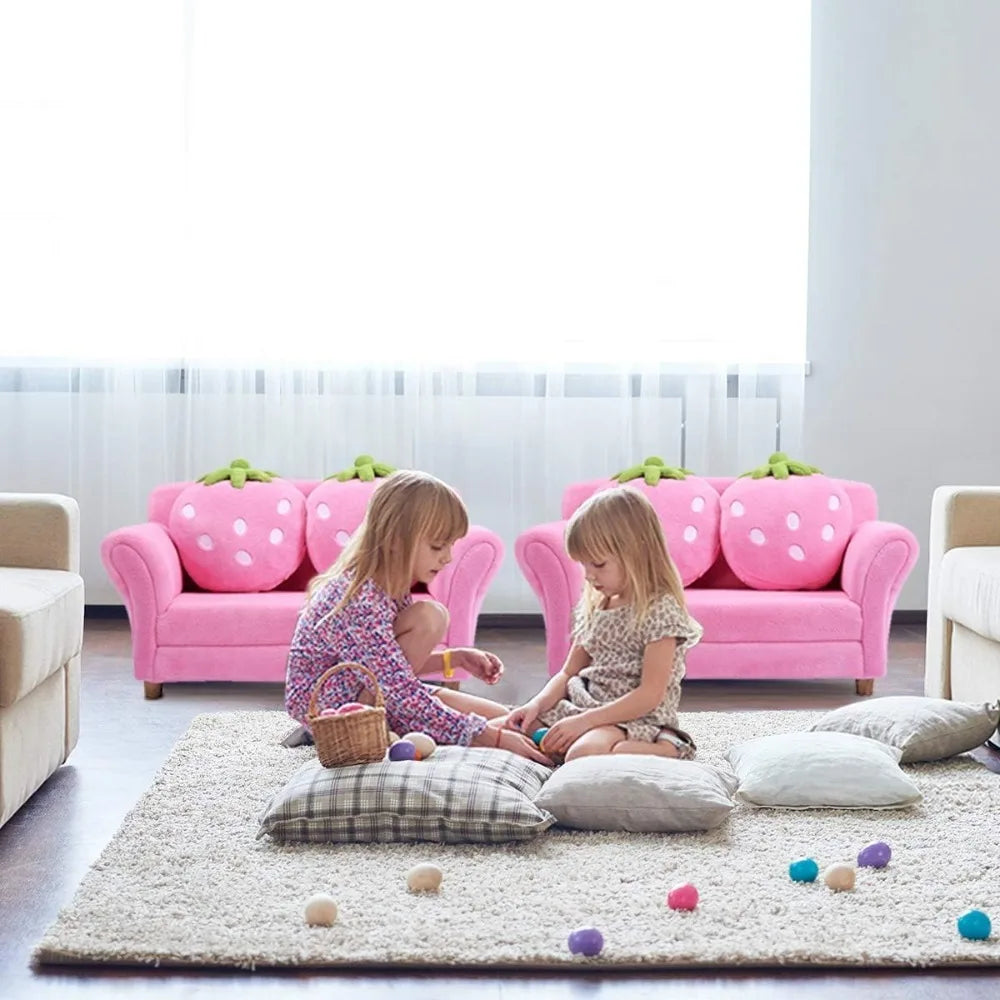 Pink Double Seat Sofa with Strawberry Pillows for Kids Room