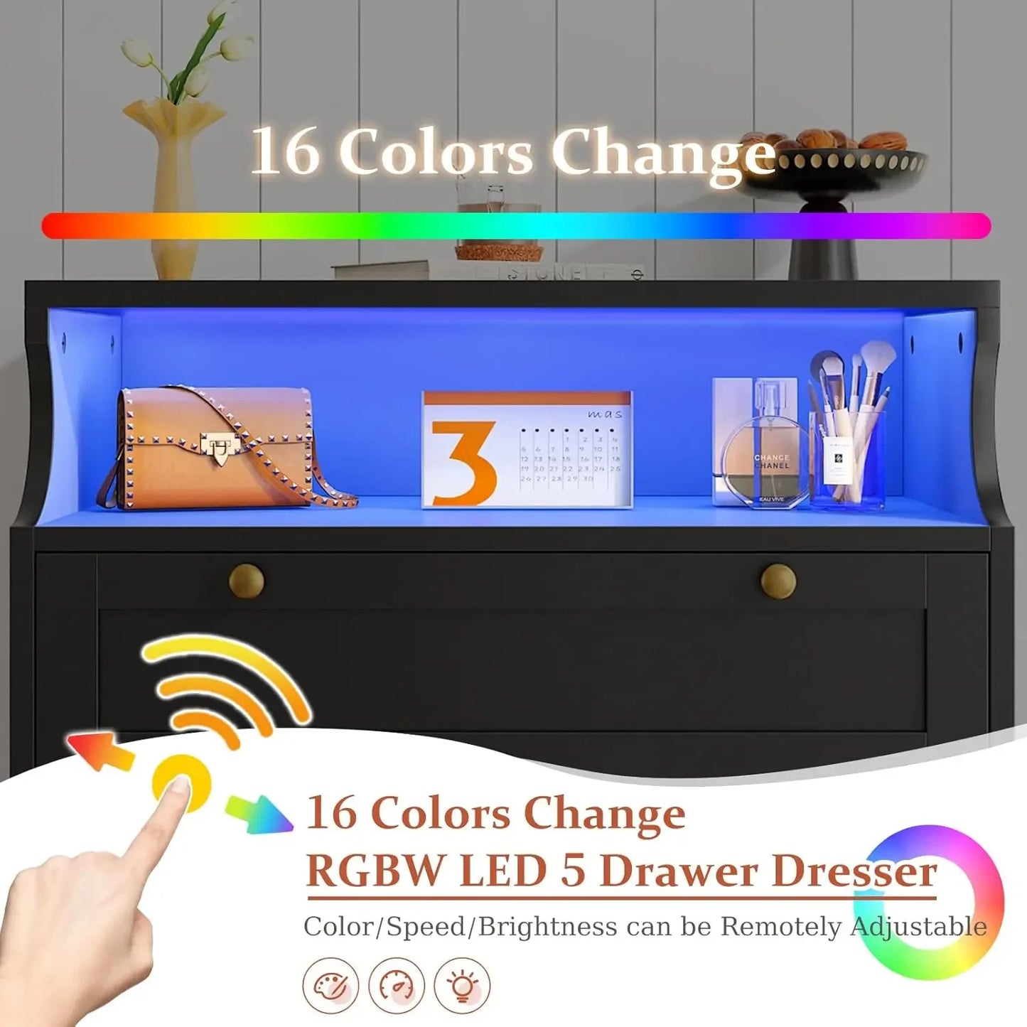 Ljustra 5 Drawer Tall Dresser with LED Lights for Bedroom Storage