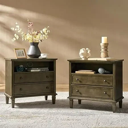 Nightstand Set of 2 with Charging Station Farmhouse End Table Storage