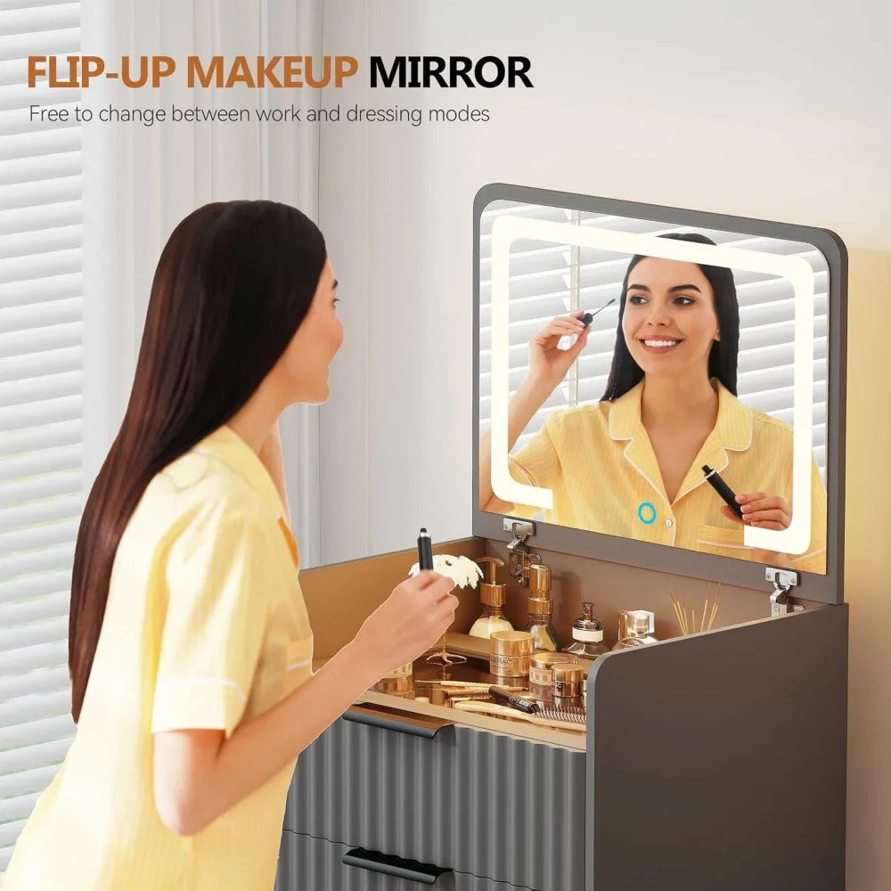 3in1 LED Vanity Set Compact Flip-Top Mirror Makeup Desk Storage