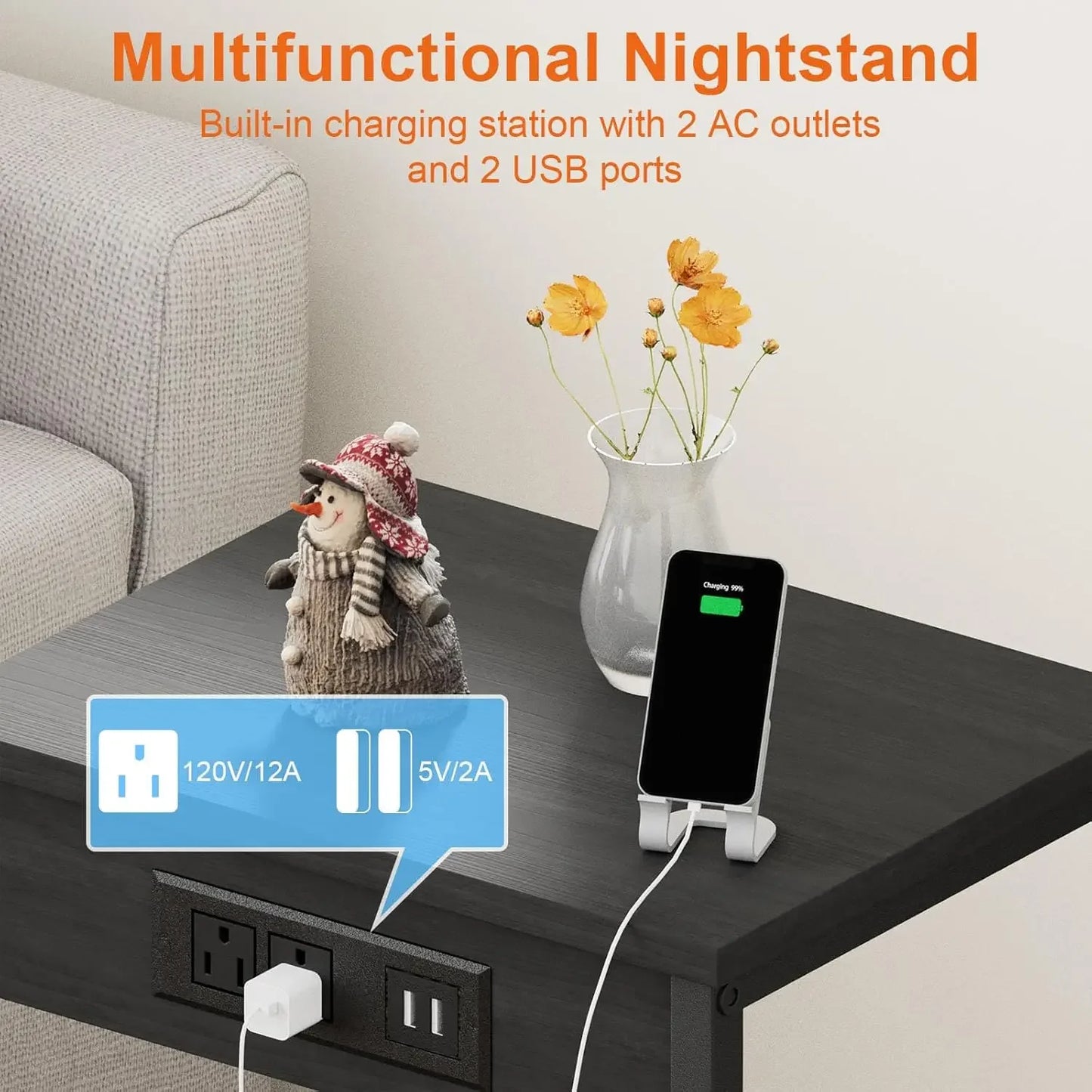 Nightstands Set of 2 with Charging Station USB Ports Bedside Table