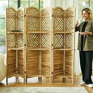 Folding Wood Room Divider with Shelves for Home Office and Study