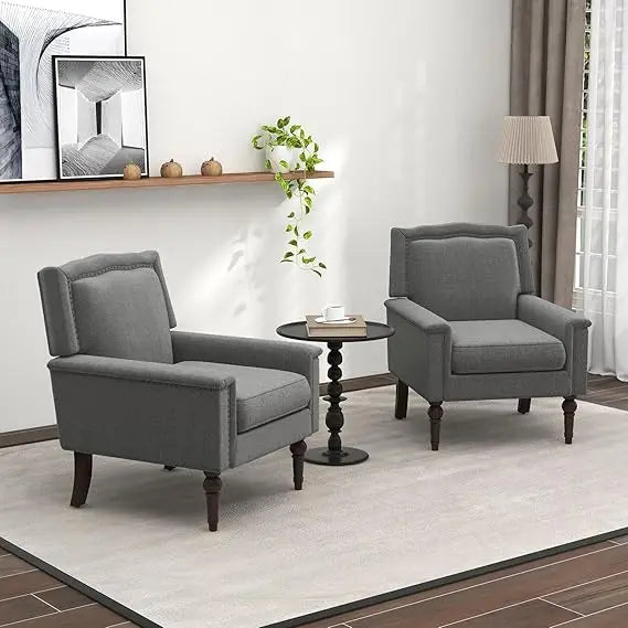 Mid Century Modern Accent Chair Set of 2 Grey Linen Rubber Wood Legs